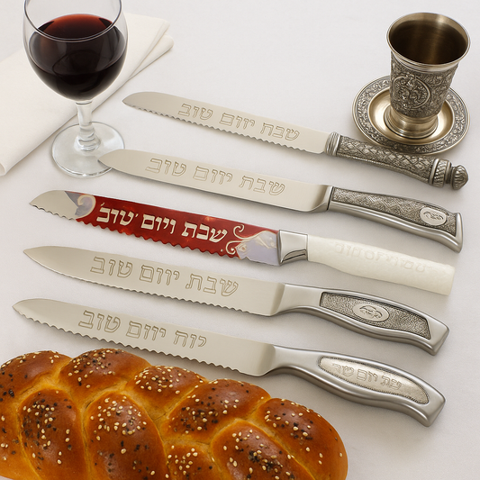 שולחן שבת חגיגי עם מפה לבנה, חלות מכוסות, גביע קידוש ונרות דולקים, וסביבם ארבעה סכינים לשבת ויום טוב בעיצובים שונים