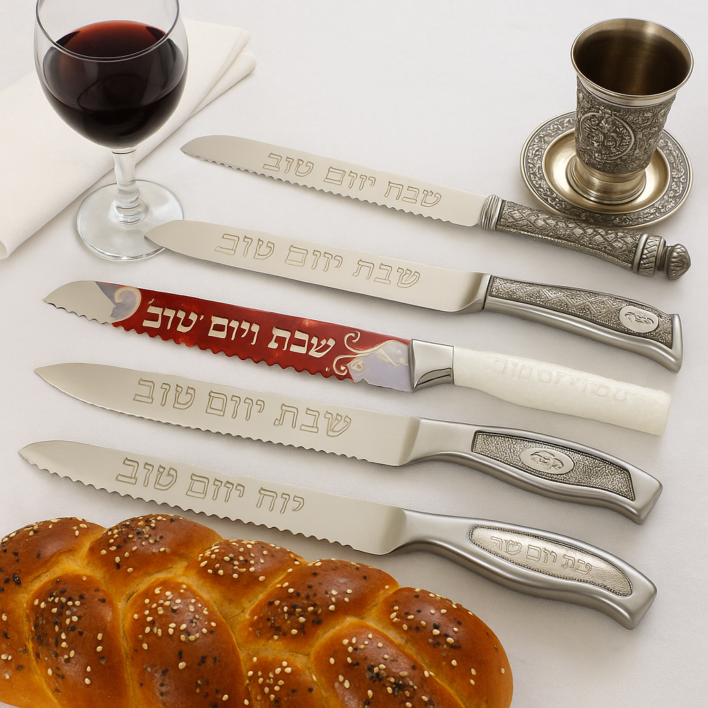 שולחן שבת חגיגי עם מפה לבנה, חלות מכוסות, גביע קידוש ונרות דולקים, וסביבם ארבעה סכינים לשבת ויום טוב בעיצובים שונים