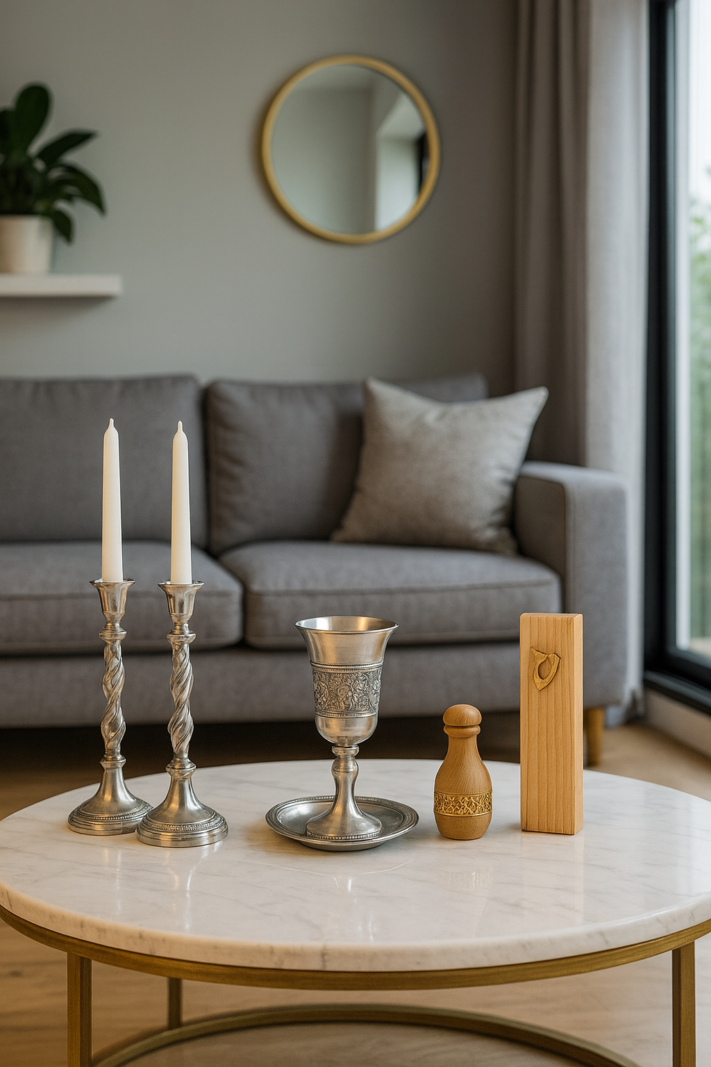 סלון מודרני בעיצוב מינימליסטי עם שולחן שיש לבן שעליו פריטי יודאיקה – פמוטים, גביע קידוש ומזוזה – ברקע ספה אפורה ומראה עגולה עם מסגרת זהב.
