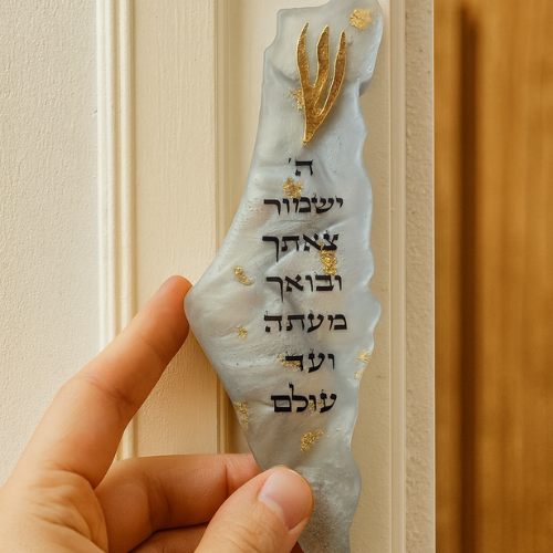 "בית מזוזה בעבודת יד בצבע לבן עם כיתוב שחור, מותקן על משקוף דלת – יודאיקה ישראל"