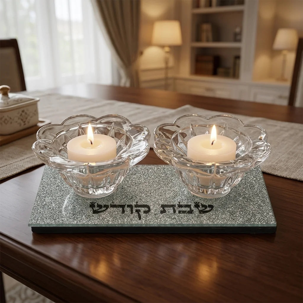 פמוטי זכוכית  עם בסיס כסוף מנצנץ וכיתוב שבת קודש
