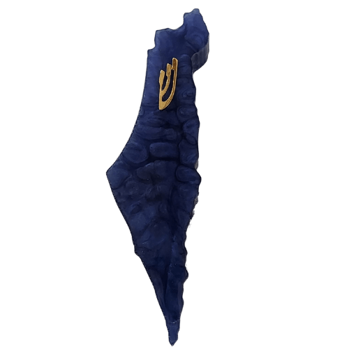 בית מזוזה בצורת מפת ארץ ישראל בגוון כחול עמוק עם טקסטורת גלים ואות שין מוזהבת – בעבודת יד מקורית
