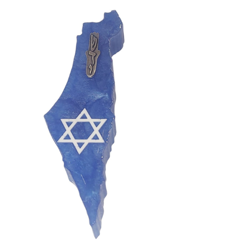 בית מזוזה בעבודת יד בעיצוב מפת ארץ ישראל בגוון כחול, כולל מגן דוד כסמל זהות וחיבור לארץ
