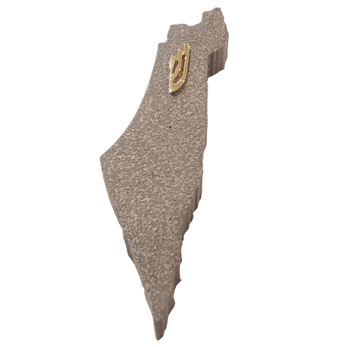 בית מזוזה בצורת מפת ארץ ישראל בגימור גרניט אפור עם אות שין מוזהבת – עיצוב אלגנטי בעבודת יד
