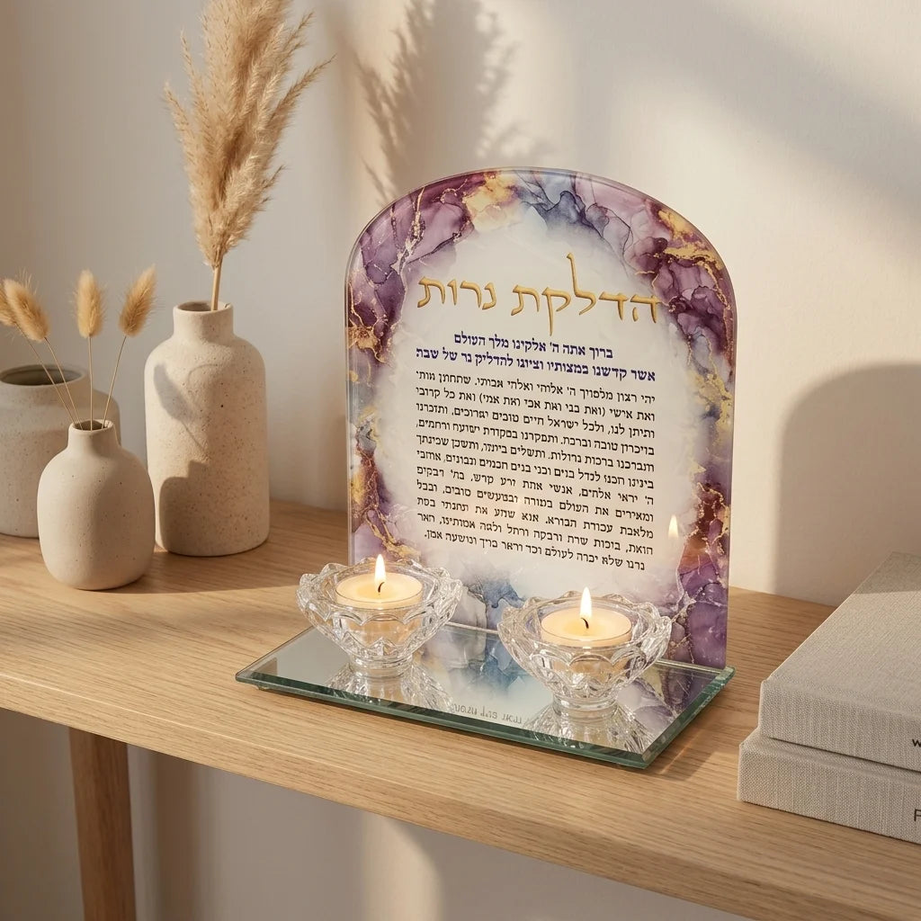מעמד פמוטים יוקרתי מזכוכית עם ברכת הדלקת נרות בעיצוב שיש Translation missing: he.content.product_image_secondary