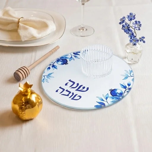 סט להגשת תפוח בדבש זכוכית בלתי שבירה 19 ס"מ - כחול