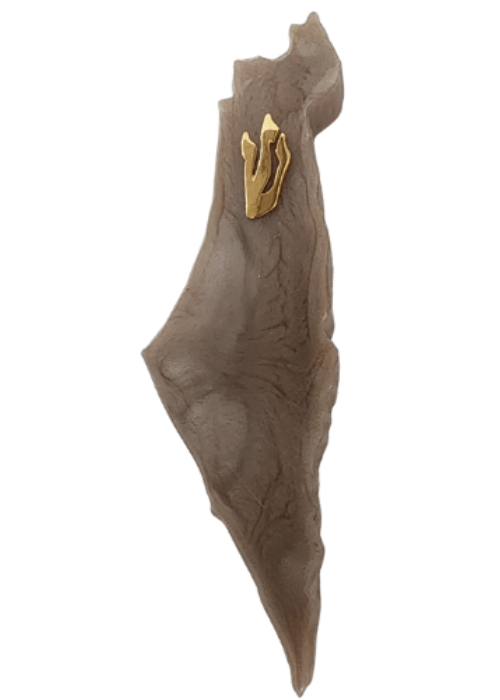 בית מזוזה בעיצוב מפת ארץ ישראל, בגימור חום טבעי עם אות שין מוזהבת מראה מרשים ומסורתי לקישוט פתח הבית.
