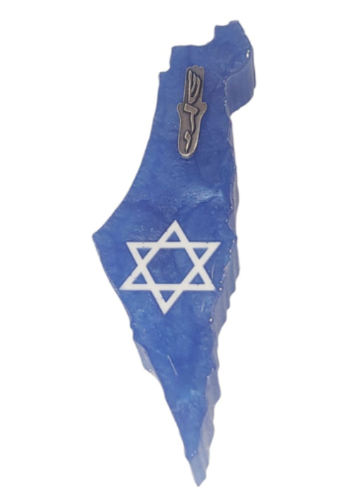 בית מזוזה בעיצוב מפת ארץ ישראל בצבע כחול עם מגן דוד לבן והאות ש׳ כסופה בחלק העליון
